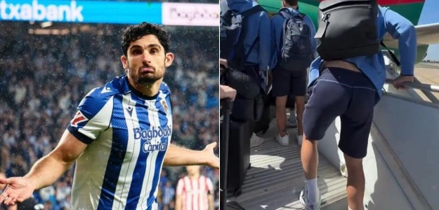 Gonçalo Guedes celebra con la Real Sociedad tras la final de Copa
